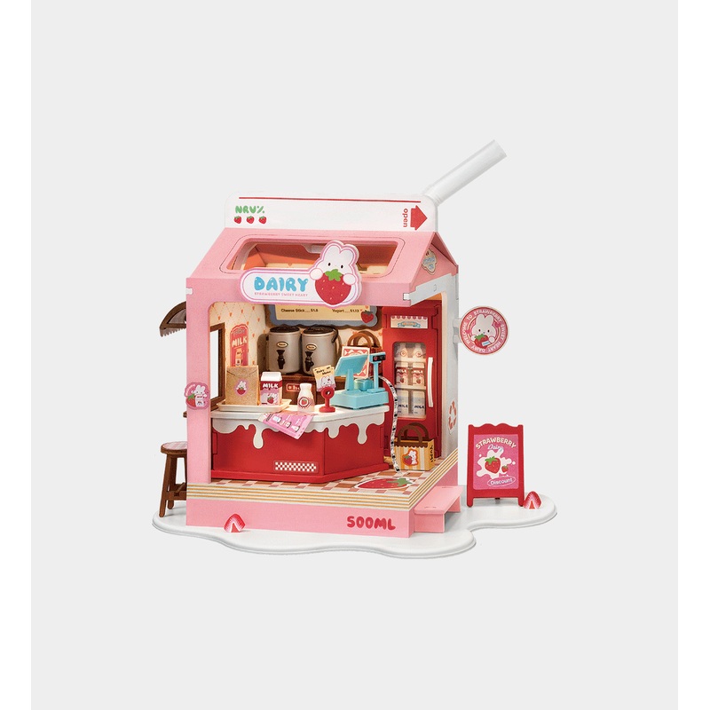 ROBOTIME DIY Miniature Kit Strawberry Milk Box (73 Pieces)