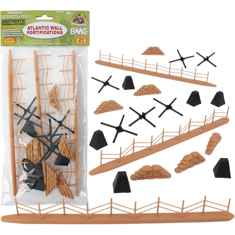 54mm WWII Battlefield Access- Fence, Hedgehogs, Sandbags, etc. Total 21pcs) (Bagged) (BMC Toys)