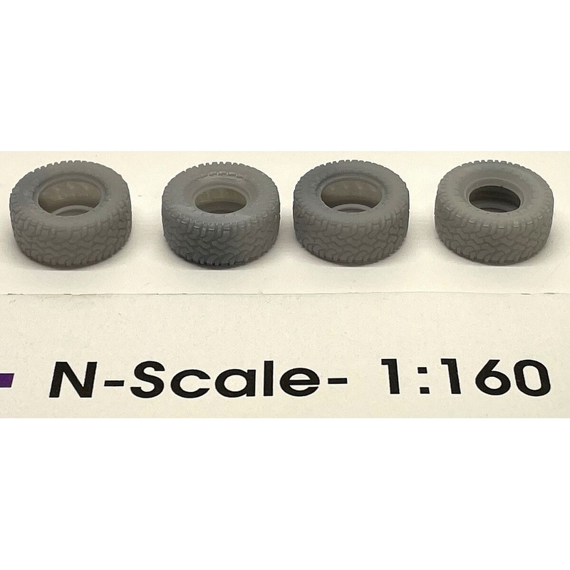 N Earthmover Tires Flat Car Load 4pcs