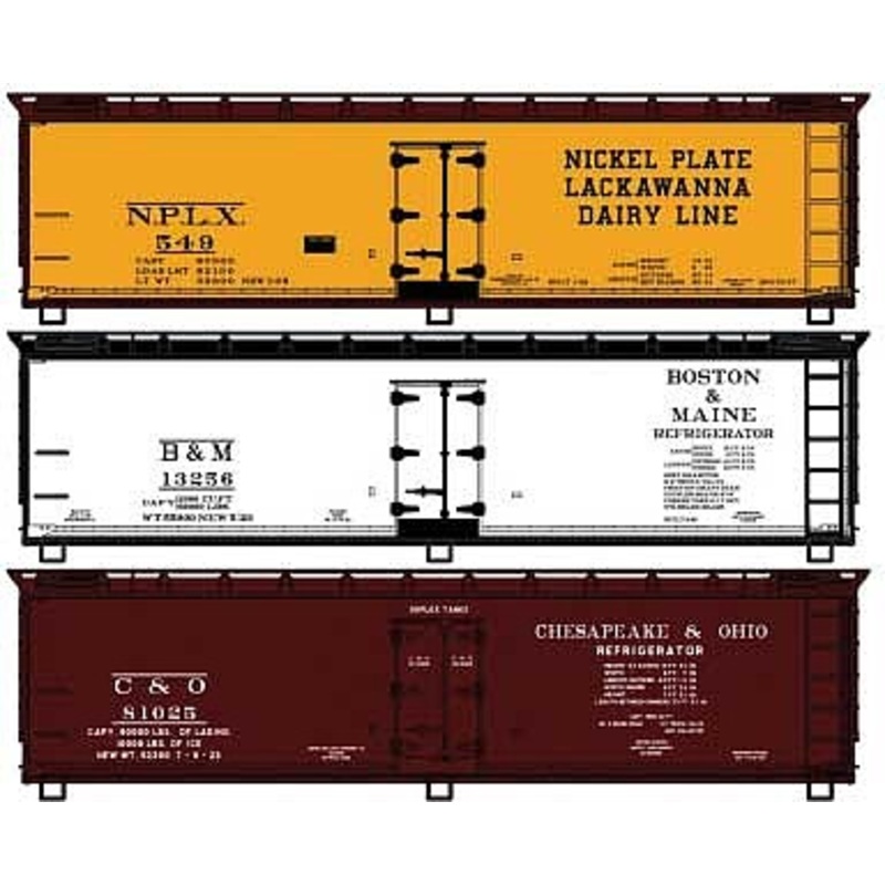 HO 40′ Wood Reefer NKP,B&M,C&O 3 car set