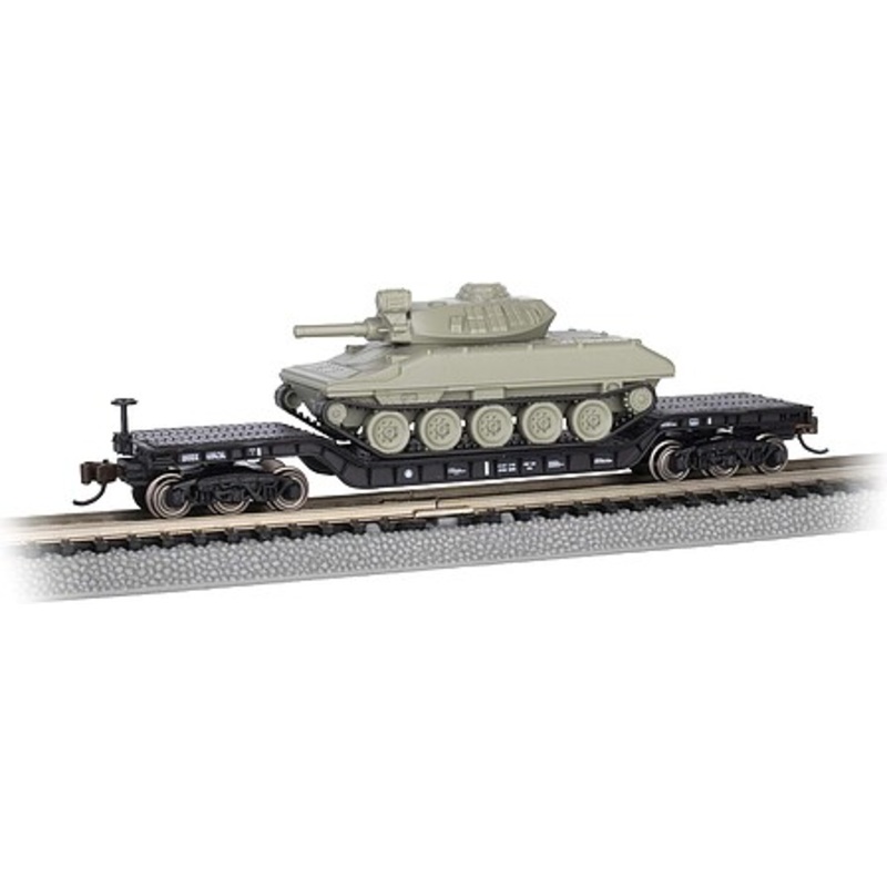 52′ center depressed black Flatcar Green Sheridan Tank